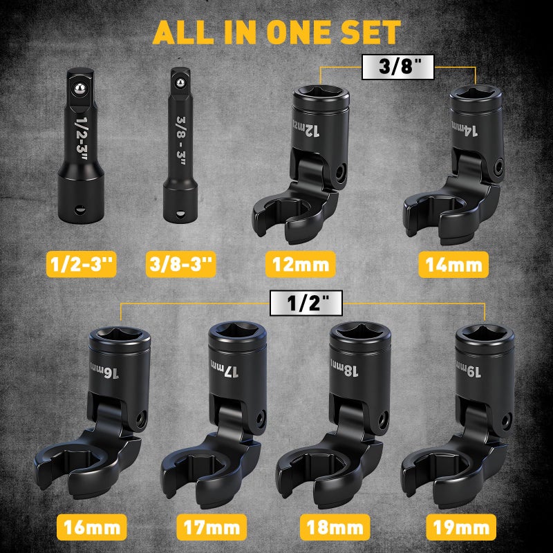 ELEAD 8-Piece Flex Head Crows Foot Line Wrench Set, Metric 12 14 16 17 18 19 mm with Extension Bar, 3/8" & 1/2" Drive Crowsfoot Wrenches Set, Injector Fuel Line Crowfoot Flare Nut Wrench - Image 3