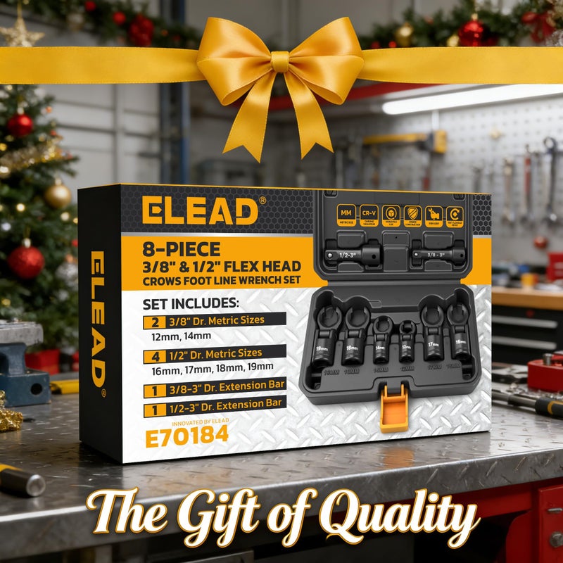 ELEAD 8-Piece Flex Head Crows Foot Line Wrench Set, Metric 12 14 16 17 18 19 mm with Extension Bar, 3/8" & 1/2" Drive Crowsfoot Wrenches Set, Injector Fuel Line Crowfoot Flare Nut Wrench - Image 2