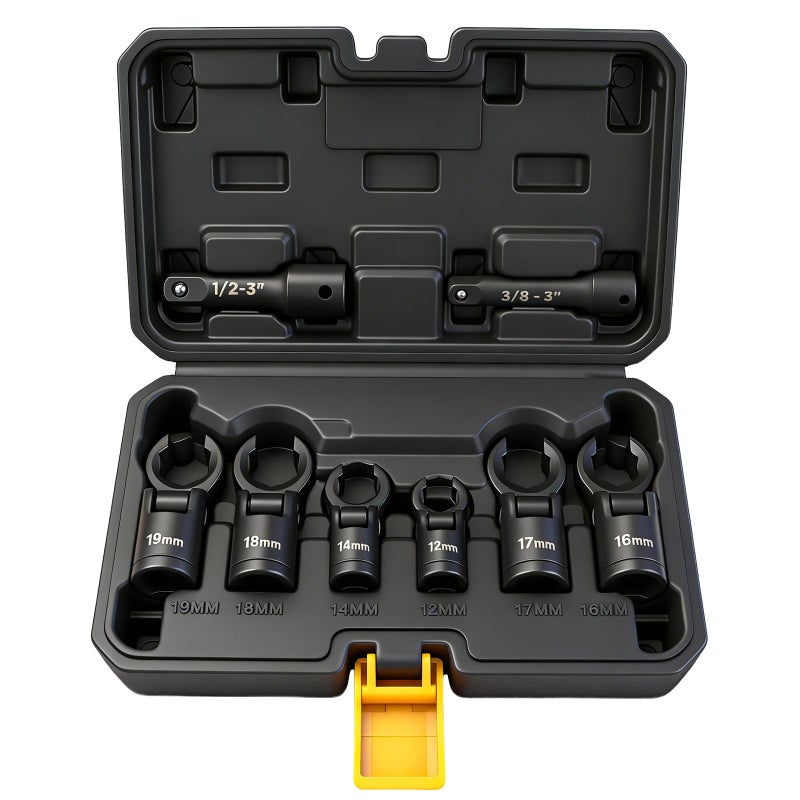 ELEAD 8-Piece Flex Head Crows Foot Line Wrench Set, Metric 12 14 16 17 18 19 mm with Extension Bar, 3/8" & 1/2" Drive Crowsfoot Wrenches Set, Injector Fuel Line Crowfoot Flare Nut Wrench - Image 1