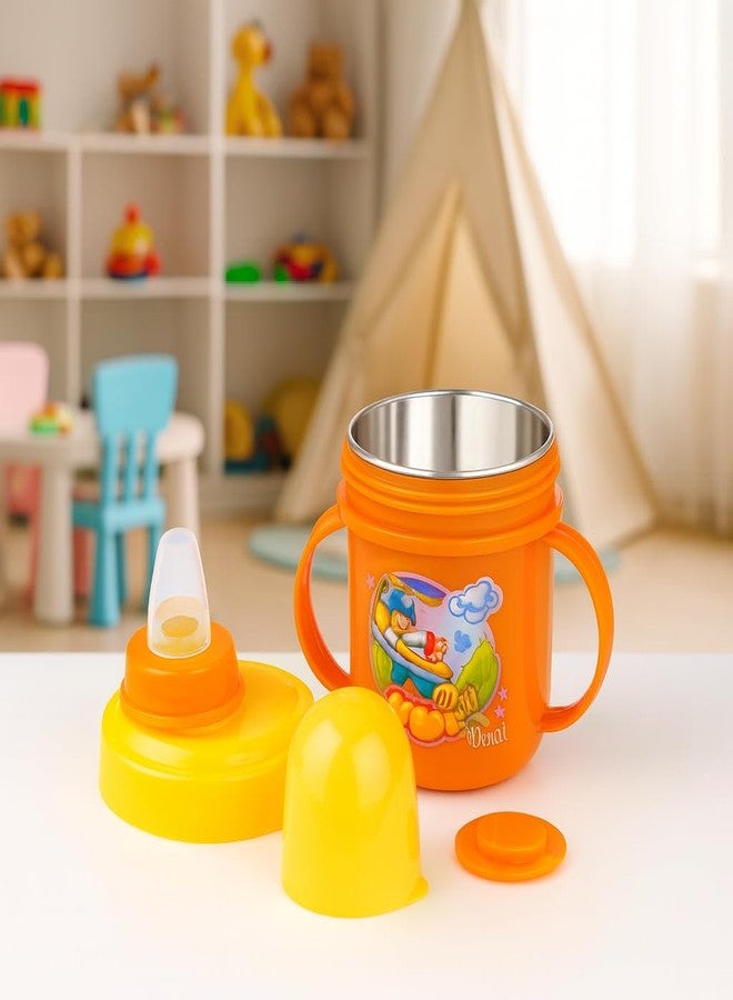 Nabhya Hippo Stainless Steel Baby Spout Sipper Cup for Kids Age 3 Months to 18 Months 250 ML (Orange - 250 ML) - Image 3