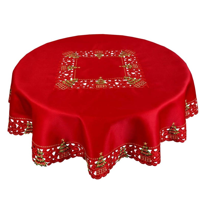 Grelucgo Embroidered Christmas Holiday Holly Tree Tablecloth 52 Inches Round Tablecloth