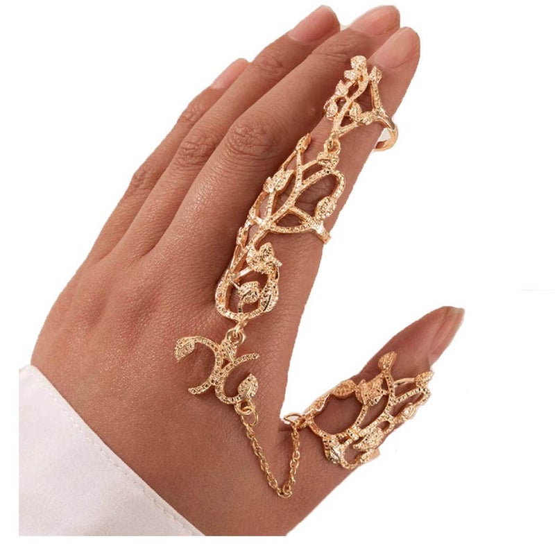 Yalice Charm Leaf Full Finger Ring Bracelets Dainty Knuckle Open Ring Harness Hand Chains Adjustable Statement Rings Jewelry for Women Gift (Gold) - Image 1