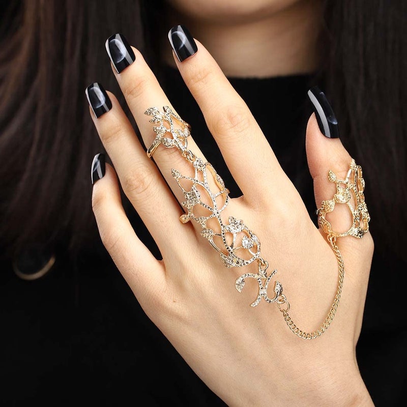 Yalice Charm Leaf Full Finger Ring Bracelets Dainty Knuckle Open Ring Harness Hand Chains Adjustable Statement Rings Jewelry for Women Gift (Gold) - Image 5