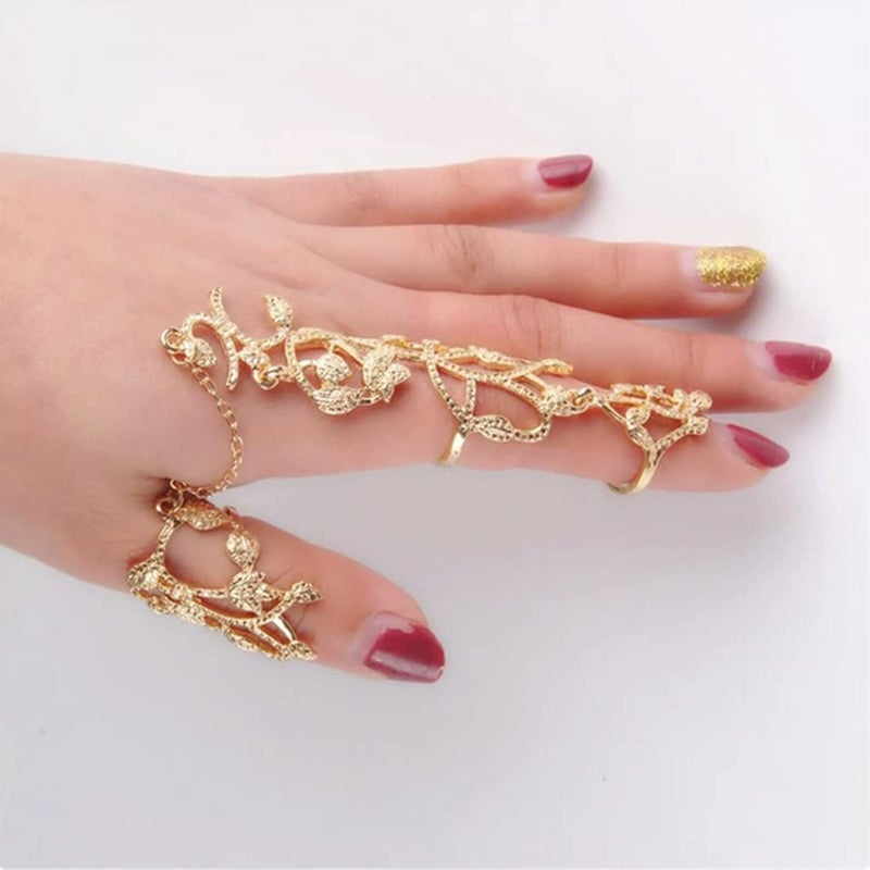 Yalice Charm Leaf Full Finger Ring Bracelets Dainty Knuckle Open Ring Harness Hand Chains Adjustable Statement Rings Jewelry for Women Gift (Gold) - Image 4