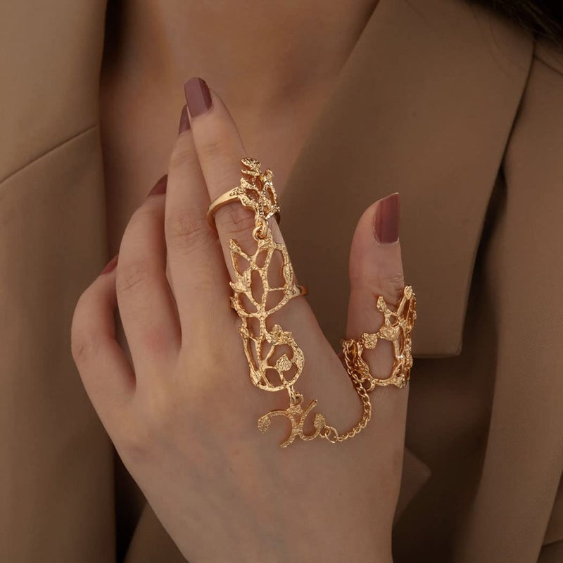 Yalice Charm Leaf Full Finger Ring Bracelets Dainty Knuckle Open Ring Harness Hand Chains Adjustable Statement Rings Jewelry for Women Gift (Gold) - Image 3