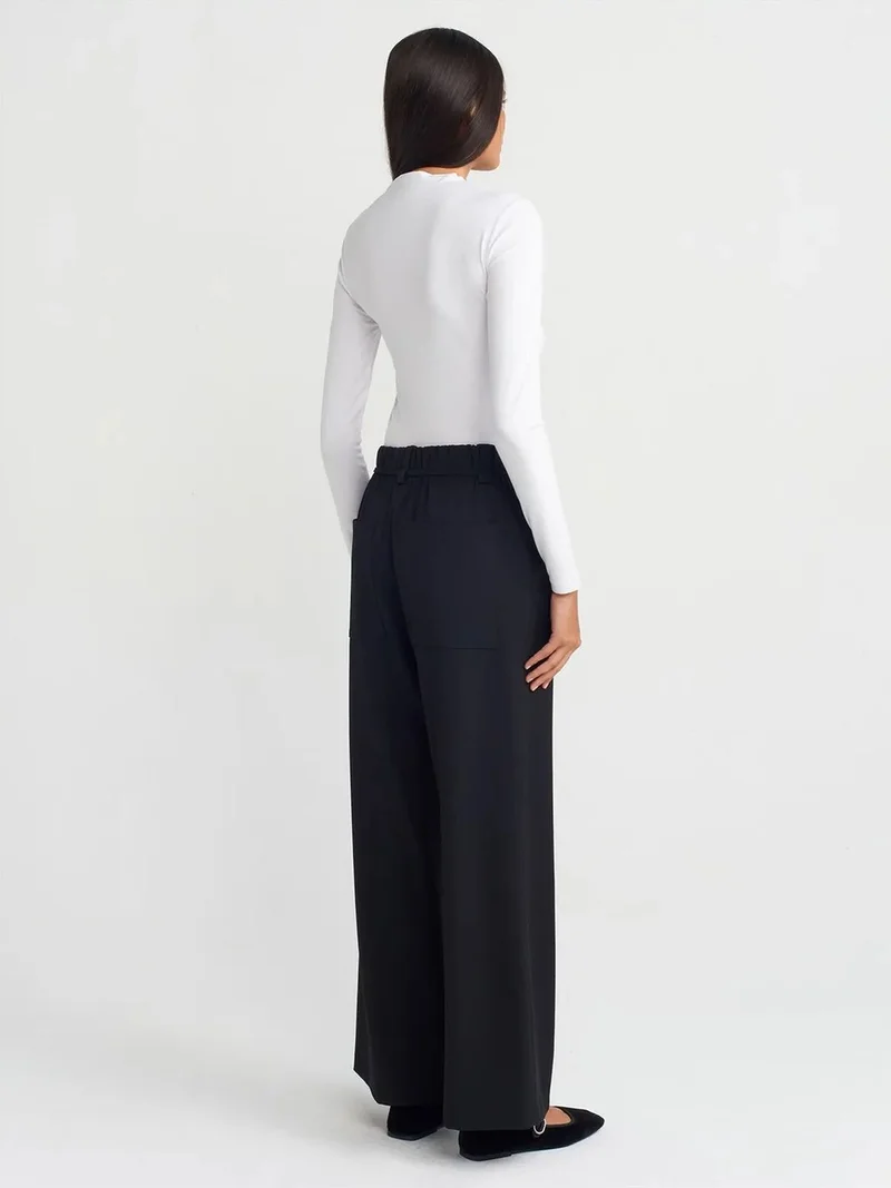 ديلفين DILVIN Wide-leg Woven Trousers With Elastic Drawstring Waist