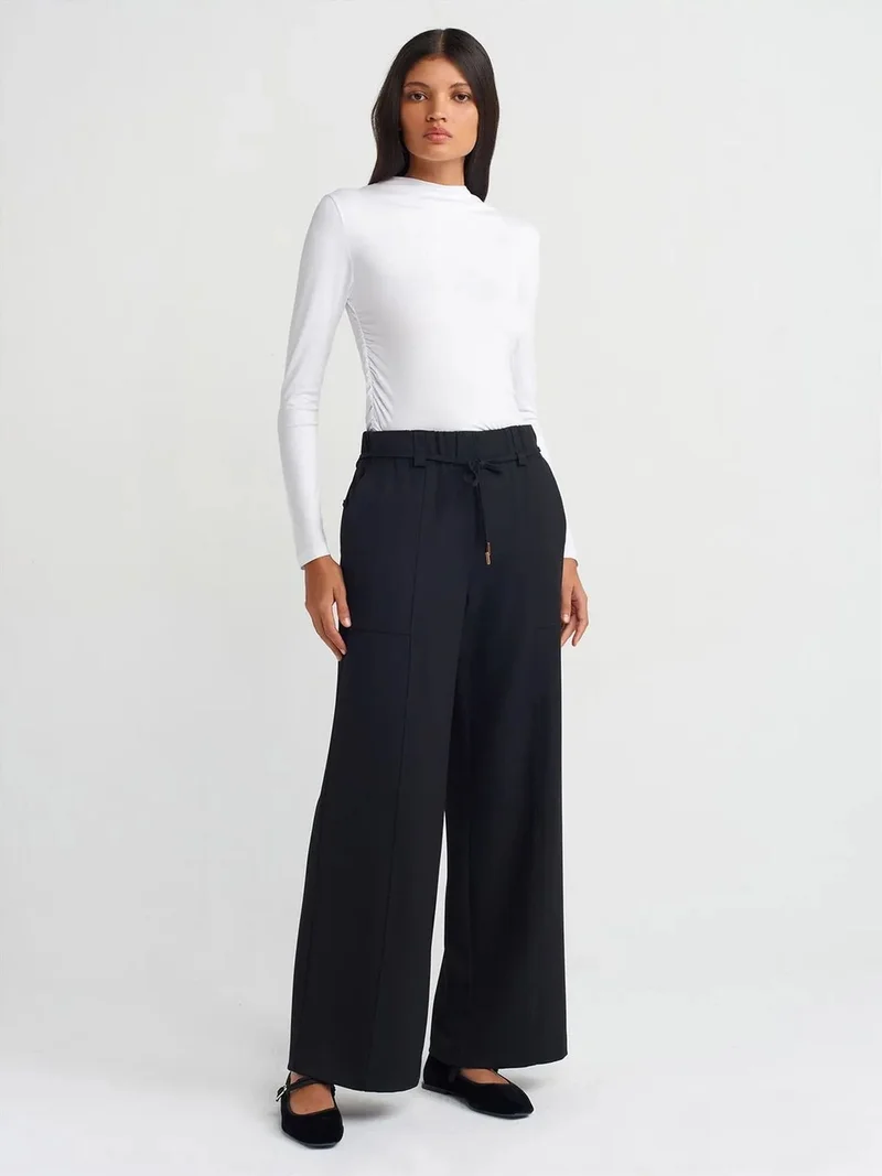 ديلفين DILVIN Wide-leg Woven Trousers With Elastic Drawstring Waist