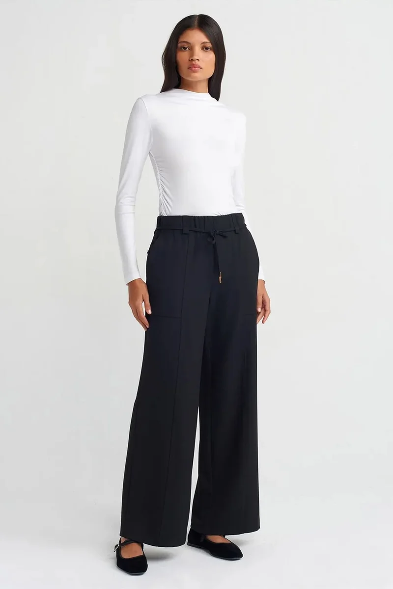 DILVIN Wide-leg Woven Trousers With Elastic Drawstring Waist