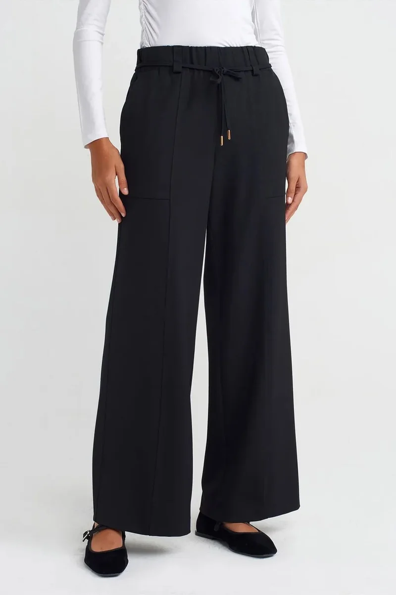 Dilvin Black DILVIN Wide-leg Woven Trousers With Elastic Drawstring Waist for Women | Best Price UAE