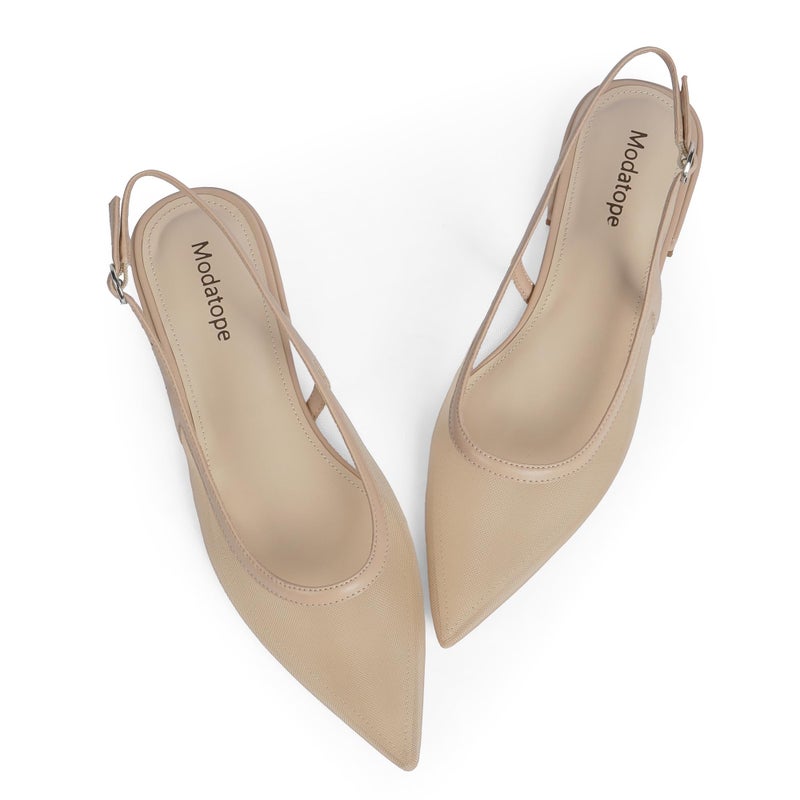 Modatope Nude Mesh Slingback Flats for Women Classic Ballet Flats Pointed Toe Low Heel Sandals Size 6 - Image 1