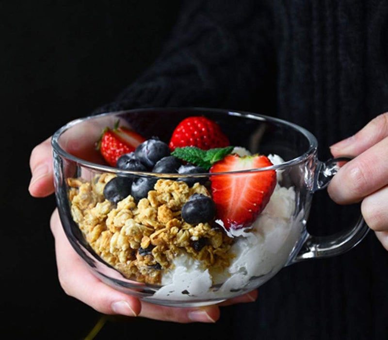 ITODA Cereal Soup Bowl and Glass Mugs with Lid and Small Handle, 550ml Mixing Oatmeal Microwave Safe Kitchen Accessories Liquid Milk Cups for Breakfast Coffee Ice Cream Snacks Salad Yogurt - Image 2