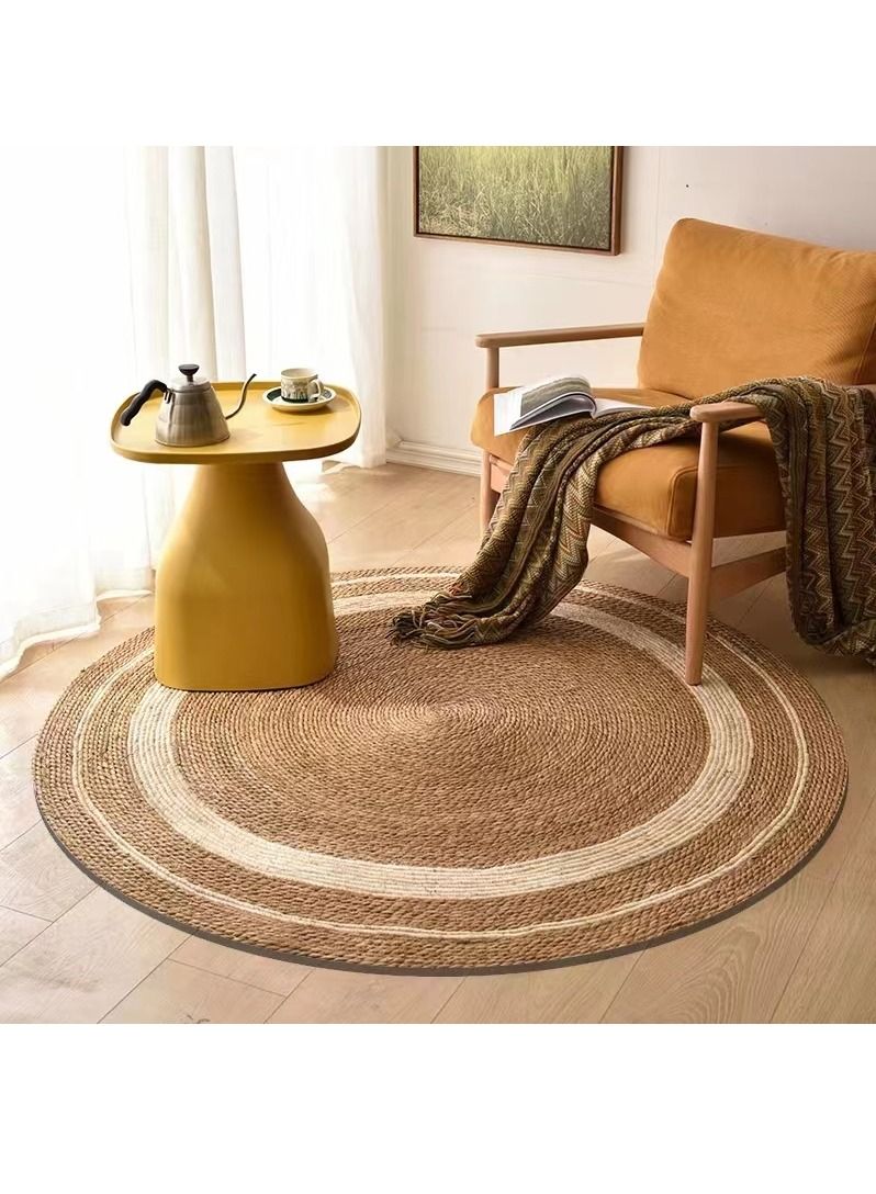 LINGWEI Natural Round Jute Rug Carpet with White Line Handmade Braided Jute Carpet For Living Room Bedroom Handwooven Seagrass - Image 1