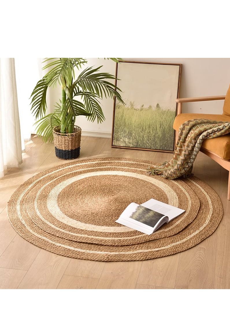 LINGWEI Natural Round Jute Rug Carpet with White Line Handmade Braided Jute Carpet For Living Room Bedroom Handwooven Seagrass - Image 5