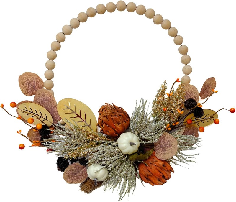 Tempus 16" Artificial Fall Wooden Beads Wreath with Leaves, Chrysanthemums & Mini Pumpkins - Handcrafted Harvest Decor for Front Door, Wall, Farmhouse (Indoor/Outdoor Use) - Image 1