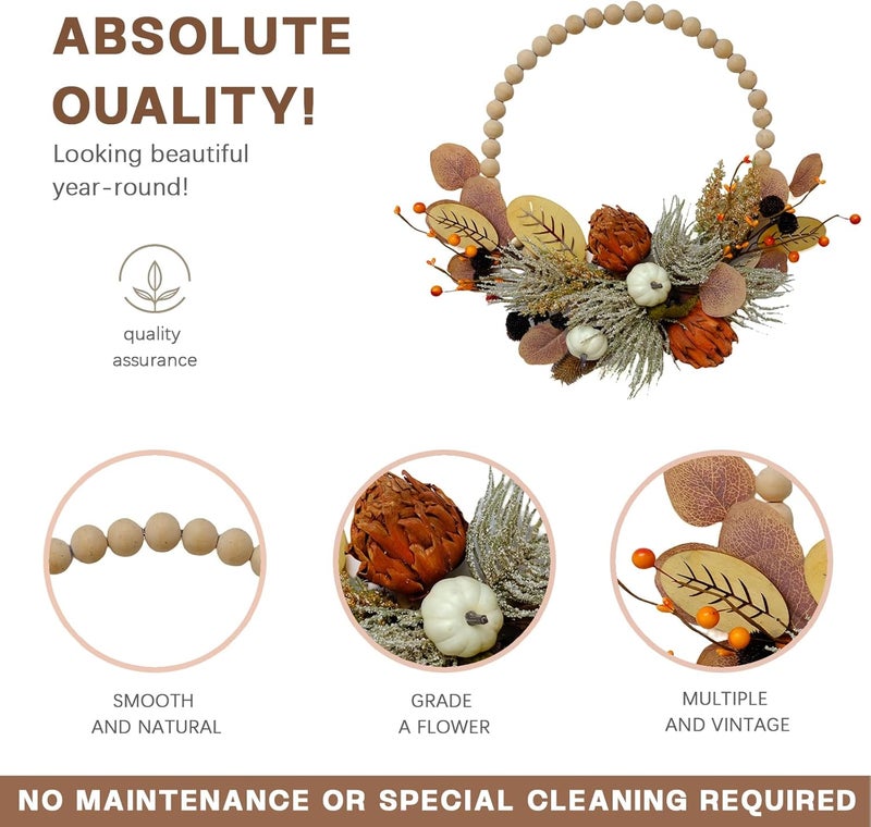 Tempus 16" Artificial Fall Wooden Beads Wreath with Leaves, Chrysanthemums & Mini Pumpkins - Handcrafted Harvest Decor for Front Door, Wall, Farmhouse (Indoor/Outdoor Use) - Image 2