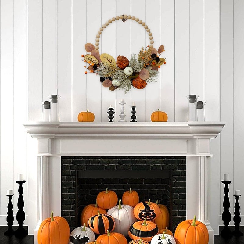 Tempus 16" Artificial Fall Wooden Beads Wreath with Leaves, Chrysanthemums & Mini Pumpkins - Handcrafted Harvest Decor for Front Door, Wall, Farmhouse (Indoor/Outdoor Use) - Image 5