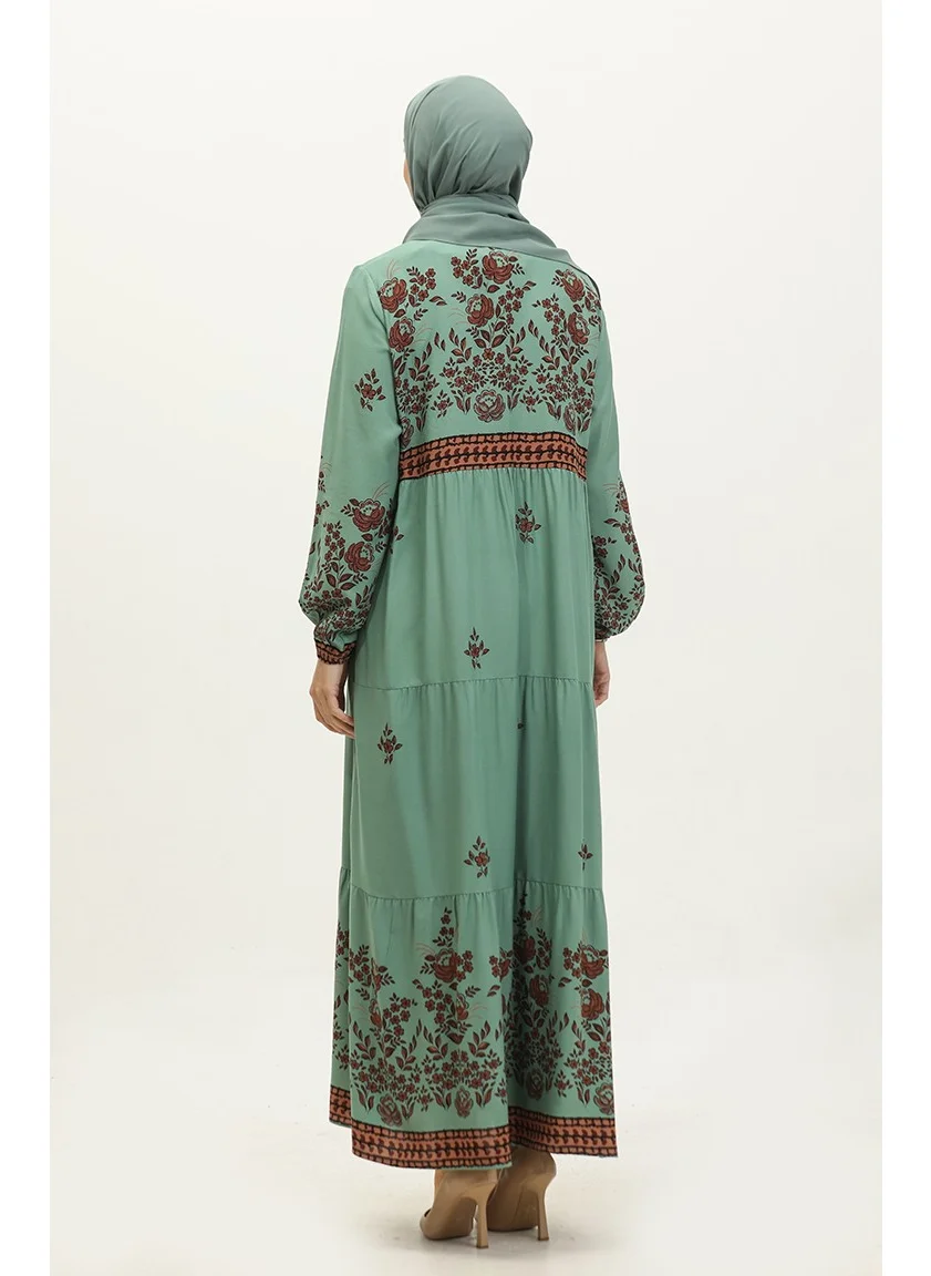 Sefa Merve Plus Size Floral Patterned Viscose Dress 4084-04 Çağla Green