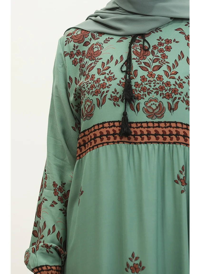 Sefa Merve Plus Size Floral Patterned Viscose Dress 4084-04 Çağla Green