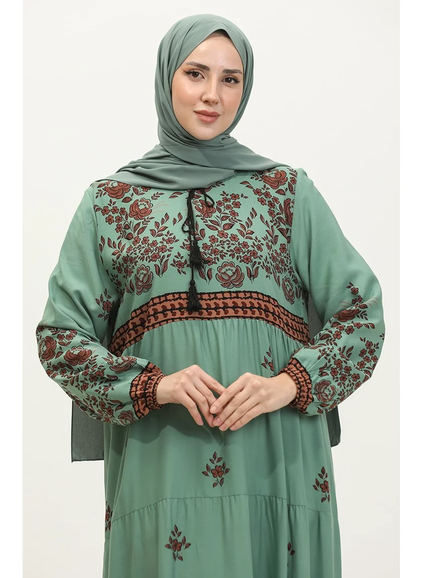 Sefa Merve Plus Size Floral Patterned Viscose Dress 4084-04 Çağla Green