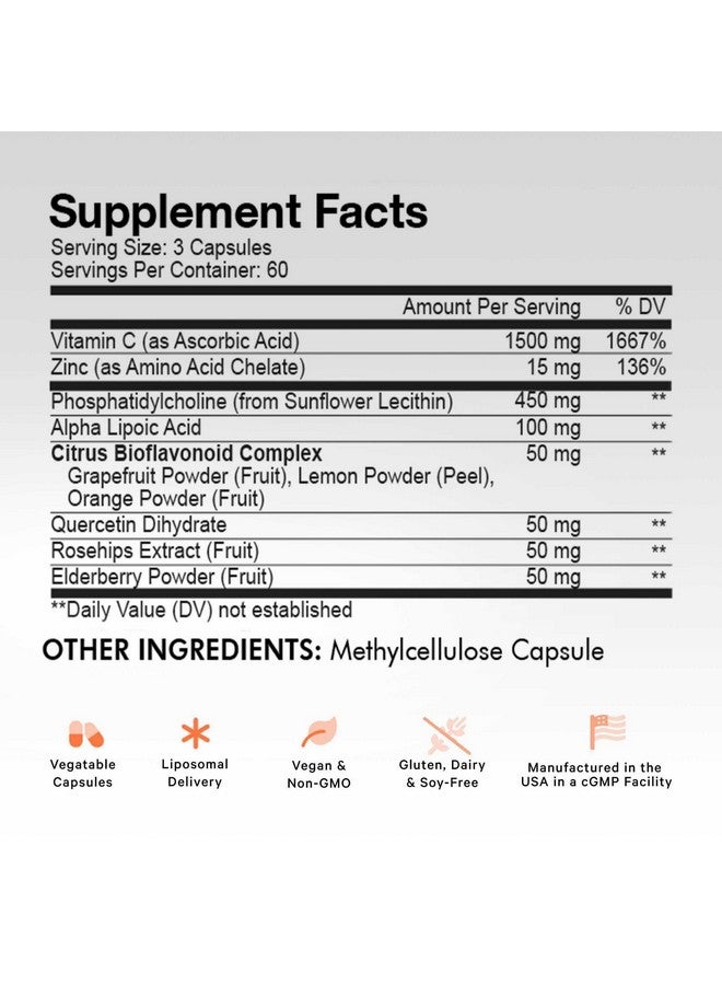 Codeage Liposomal Vitamin C 1500mg with Zinc, Elderberry, Citrus Bioflavonoids Grapefruit, Lemon, Orange Powder, Quercetin & Rose HIPS Fruit - Vegan Supplement - Non-GMO, Vegan Pills, 180 Capsules - Image 2