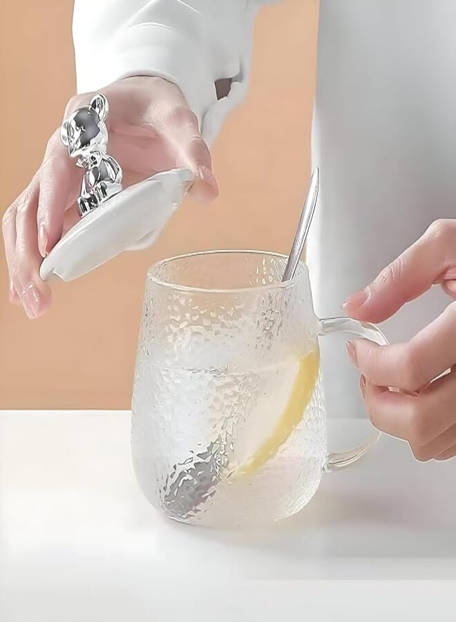 Spaceshoop Bubble Glass Cup with Bear Lid and Spoon 300ml Perfect for Morning and Evening, Milk, Juice, Chocolate, Coffee