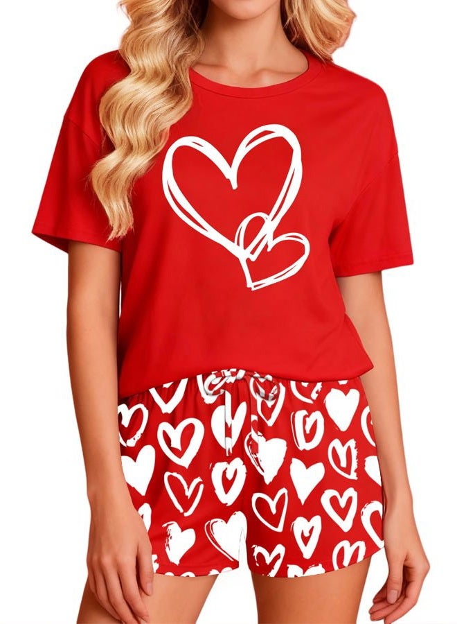 PECHAR Valentine Pajamas Women: Valentines Pjs 2 Piece Short Sleeve Heart Shirts and Pants Sleepwear Set Loungewear, Red2, L - Image 1