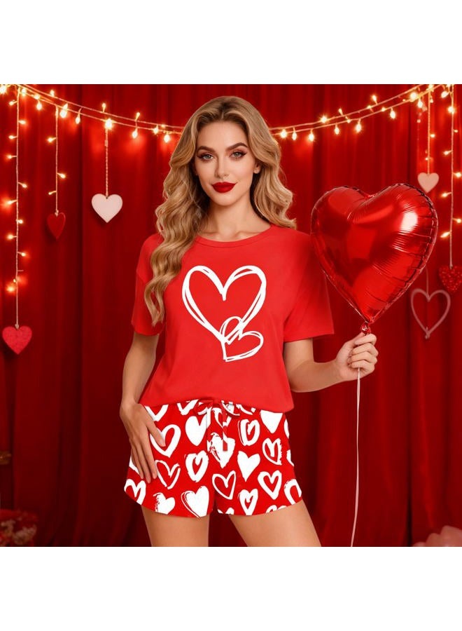 PECHAR Valentine Pajamas Women: Valentines Pjs 2 Piece Short Sleeve Heart Shirts and Pants Sleepwear Set Loungewear, Red2, L - Image 2