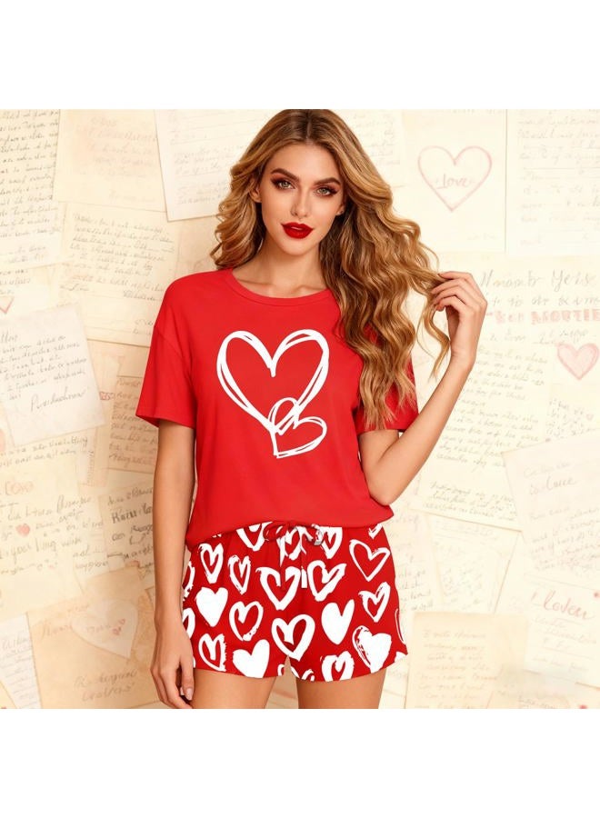 PECHAR Valentine Pajamas Women: Valentines Pjs 2 Piece Short Sleeve Heart Shirts and Pants Sleepwear Set Loungewear, Red2, L - Image 4
