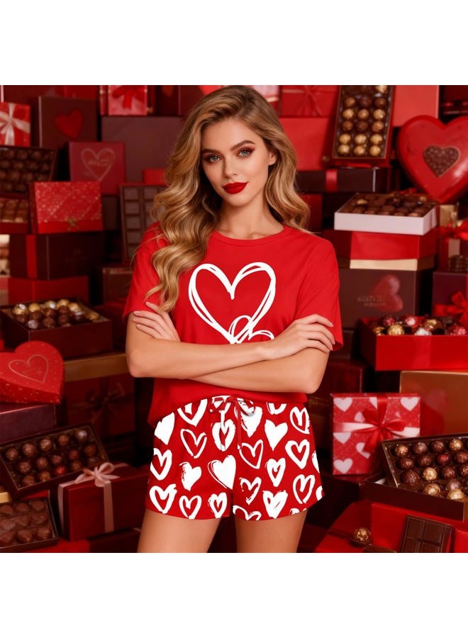 PECHAR Valentine Pajamas Women: Valentines Pjs 2 Piece Short Sleeve Heart Shirts and Pants Sleepwear Set Loungewear, Red2, L - Image 5