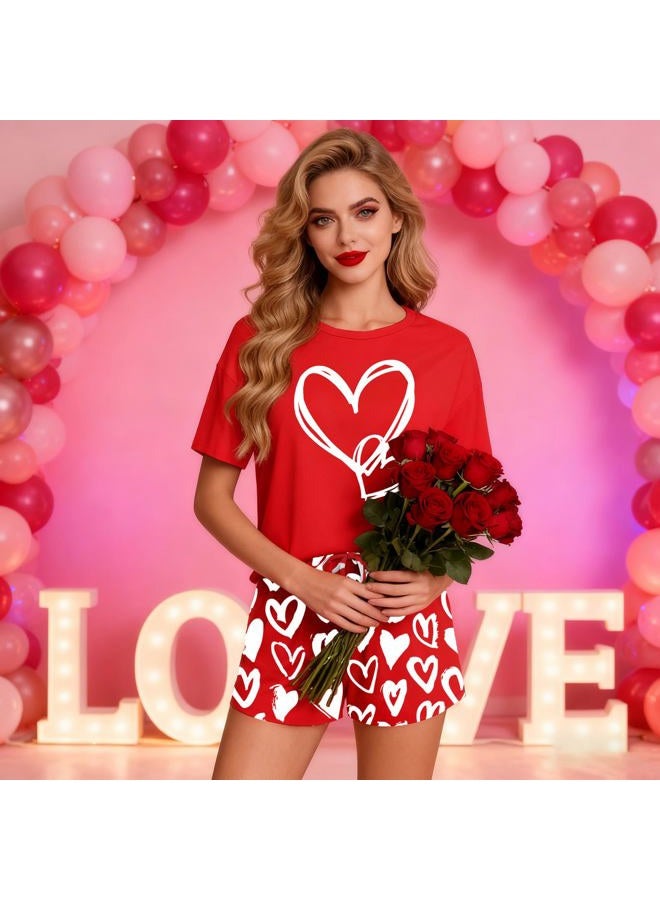 PECHAR Valentine Pajamas Women: Valentines Pjs 2 Piece Short Sleeve Heart Shirts and Pants Sleepwear Set Loungewear, Red2, L - Image 3