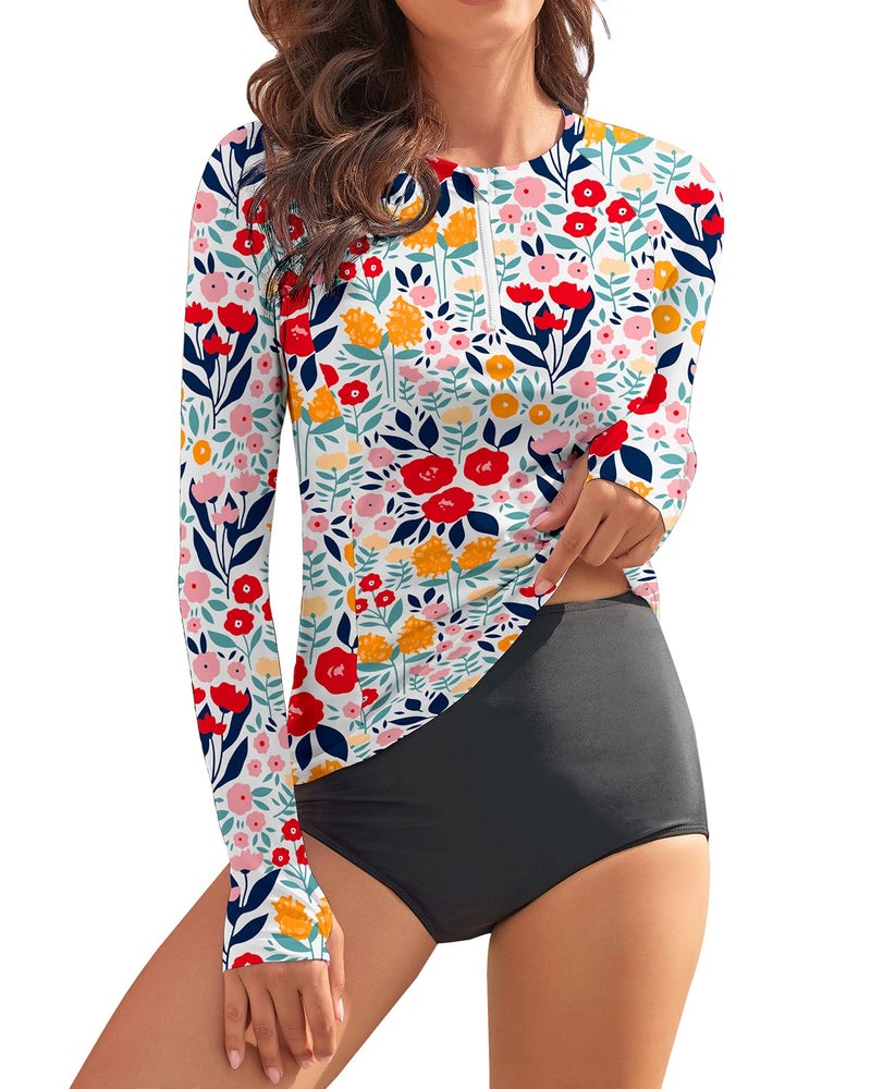 WOWENY Women Rash Guard Long Sleeve Swimsuit Top UPF 50 Sun Protection Swim Shirts Half Zip Bathing Suit No Bottom(A-Pink Floral, Medium) - Image 1