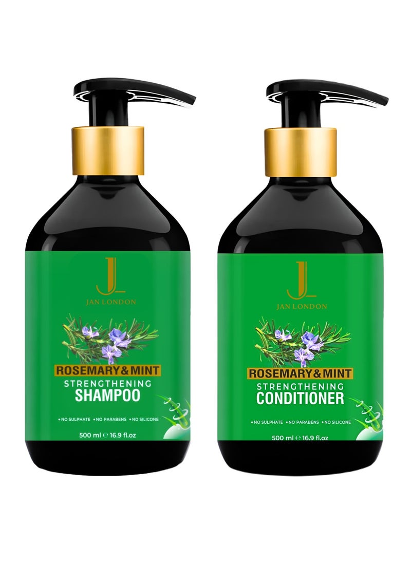 JAN LONDON Rosemary & Mint Strengthening Shampoo & Conditioner Pack - 500ml Each | Sulfate-Free, Paraben-Free, Silicone-Free | pH Balanced for Thin, Limp Hair | Nourishing Natural Extracts  - Image 1