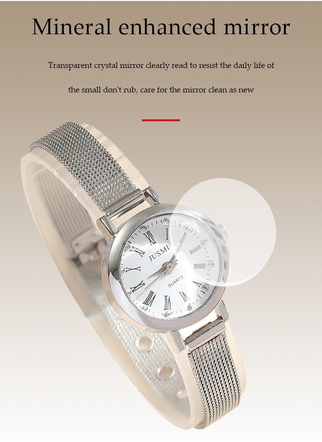Quartz watch, women's retro disc watch, business alloy watch, with mesh strap, suitable for daily use, silver