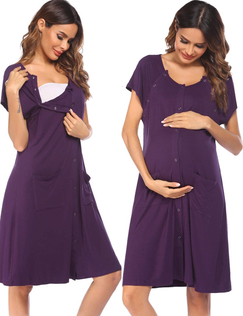 Ekouaer 3 in 1 Labor/Delivery/Hospital Gown Nursing Dress Maternity Nightgown Sleepwear for Breastfeeding with Button S-XXL Purple - Image 1