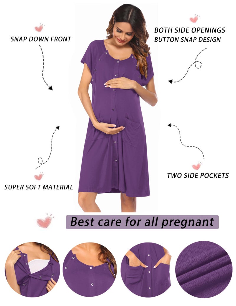 Ekouaer 3 in 1 Labor/Delivery/Hospital Gown Nursing Dress Maternity Nightgown Sleepwear for Breastfeeding with Button S-XXL Purple - Image 2