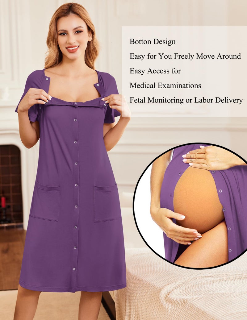 Ekouaer 3 in 1 Labor/Delivery/Hospital Gown Nursing Dress Maternity Nightgown Sleepwear for Breastfeeding with Button S-XXL Purple - Image 3