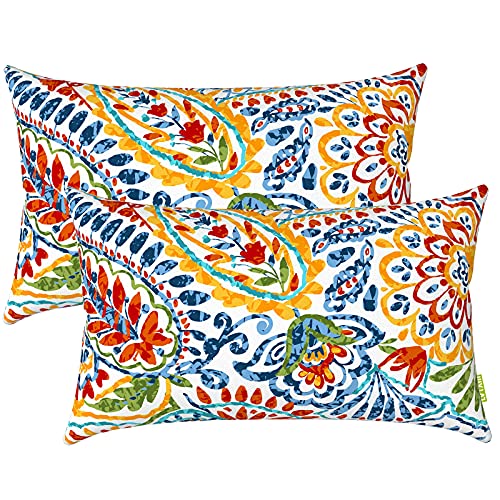LVTXIII Set of 2 Patio Lumbar Pillows, 12”x20” Fade Resistant Outdoor Lumbar Pillow with Inners, Fluffy Decorative Garden Lumbar Cushions for Home Patio Coach Sofa Use, Paisley Multi - Image 1