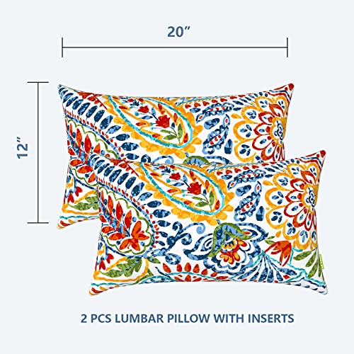 LVTXIII Set of 2 Patio Lumbar Pillows, 12”x20” Fade Resistant Outdoor Lumbar Pillow with Inners, Fluffy Decorative Garden Lumbar Cushions for Home Patio Coach Sofa Use, Paisley Multi - Image 2