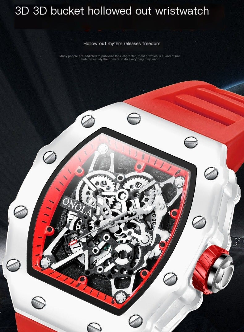 ONOLA Men's Fashion Quartz Watch - Red Strap Design, 30M Water Resistance, Suitable for Casual Wear, Gym Sessions & Social Events - Image 3
