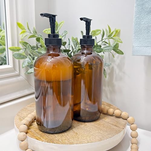 Cornucopia Brands 16oz Amber Glass Bottles w/ Pump Dispensers (2-Pack); Refillable Lotion Liquid Soap Pump Brown Bottles Labels, BPA-Free Plastic Tops - Image 2