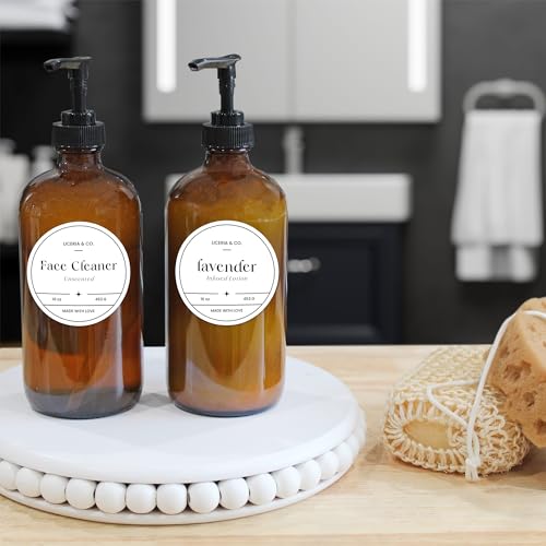 Cornucopia Brands 16oz Amber Glass Bottles w/ Pump Dispensers (2-Pack); Refillable Lotion Liquid Soap Pump Brown Bottles Labels, BPA-Free Plastic Tops - Image 3