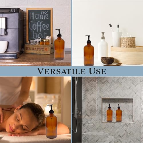 Cornucopia Brands 16oz Amber Glass Bottles w/ Pump Dispensers (2-Pack); Refillable Lotion Liquid Soap Pump Brown Bottles Labels, BPA-Free Plastic Tops - Image 4