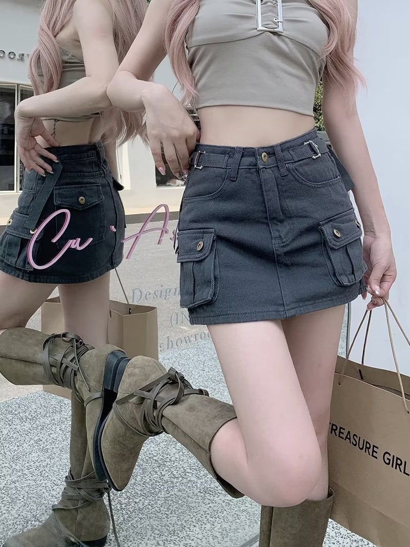 Spice Girls Workwear Denim Skirt Women'S Summer Retro High Waist Culottes Anti-Light Short Skirt Small Hip Skirt - Image 2