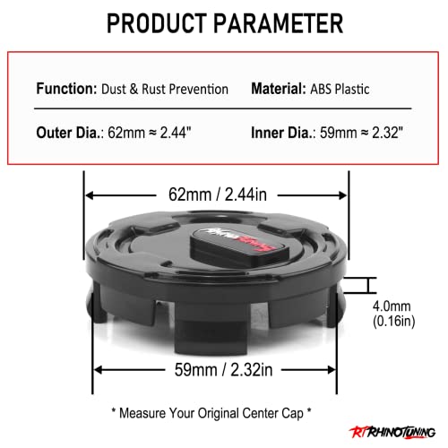 RTRHINOTUNING 4PCS 62mm Wheel Center Caps Compatible with Dodge/Jeep/Chevrolet/Toyota/Lexus/OZ Racing Wheels OD:2.44''(62 mm) ID:2.32''(59 mm) for M513 Replacement Car Wheel Center Hub Caps with Logo - Image 3
