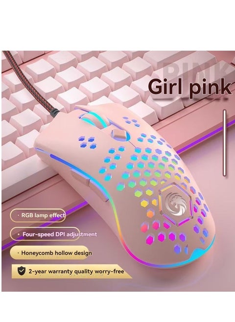 Wired gaming mouse, C30 silent wired click rechargeable gaming mouse, with double-click button and color LED light, 3-level adjustable DPI, suitable for gaming and work (pink)