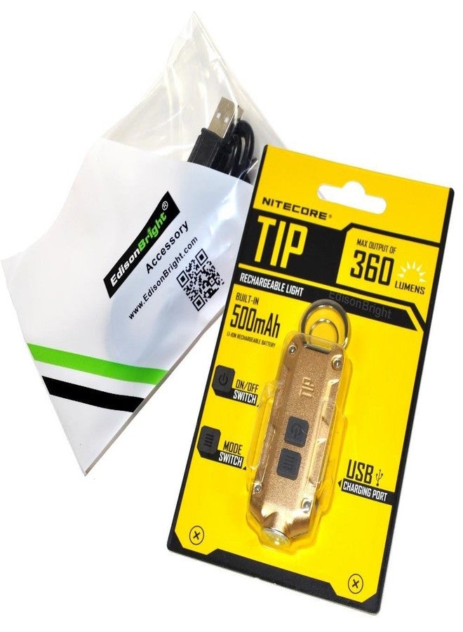 Nitecore TIP keychain flashlight; 360 lumen USB rechargeable; gold color body with EdisonBright brand USB charging cable - Image 1