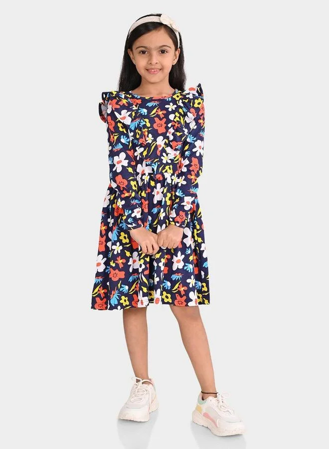 Bonkids Girl's Navy & Multicolour 100% Cotton Printed Regular Fit Dress