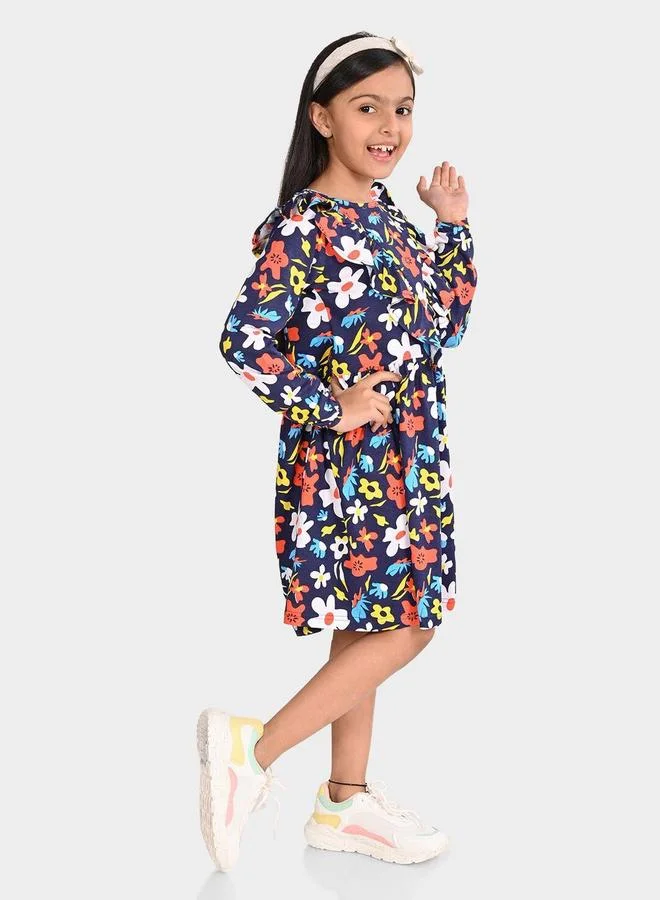 Bonkids Girl's Navy & Multicolour 100% Cotton Printed Regular Fit Dress