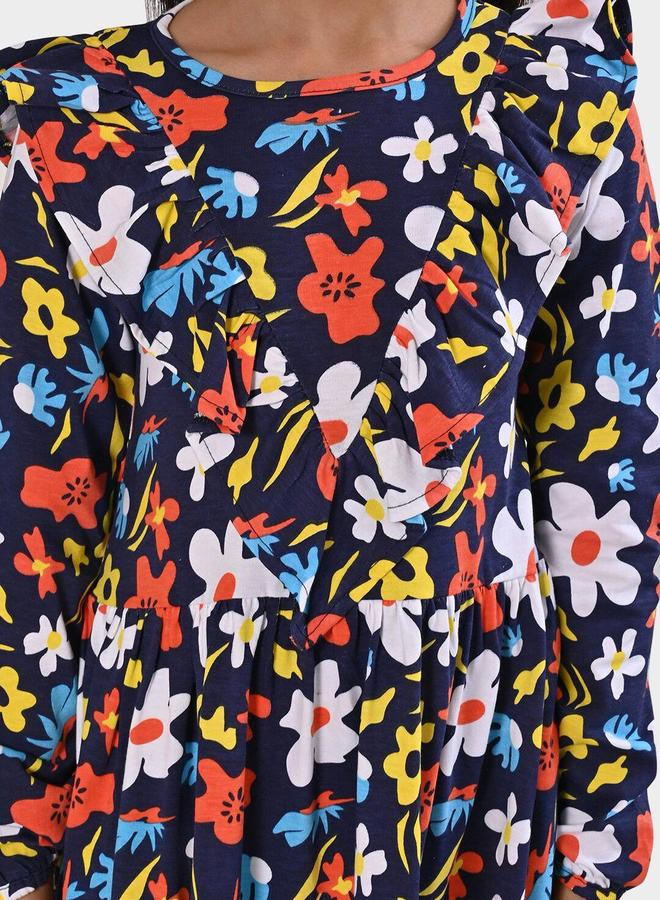 Bonkids Girl's Navy & Multicolour 100% Cotton Printed Regular Fit Dress - Image 2