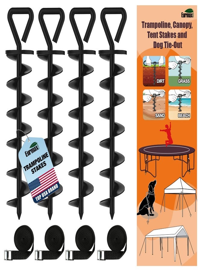 Eurmax USA 4 Pack Heavy Duty Ground Stakes,Industrial Grade Spiral Steel Screw-in Trampoline Anchors with 4 Reinforced Straps,High Wind Stabilizing Kit for Dog Tie-Out,Canopies,Sheds,Swing Sets,Black - Image 1